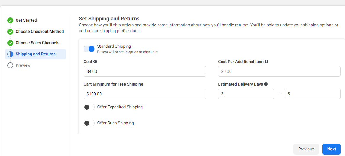 The shipping selection screen for creating a Facebook or Instagram shop.