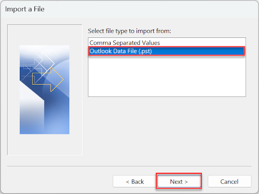 Select Outlook Data File (.pst) and click Next.
