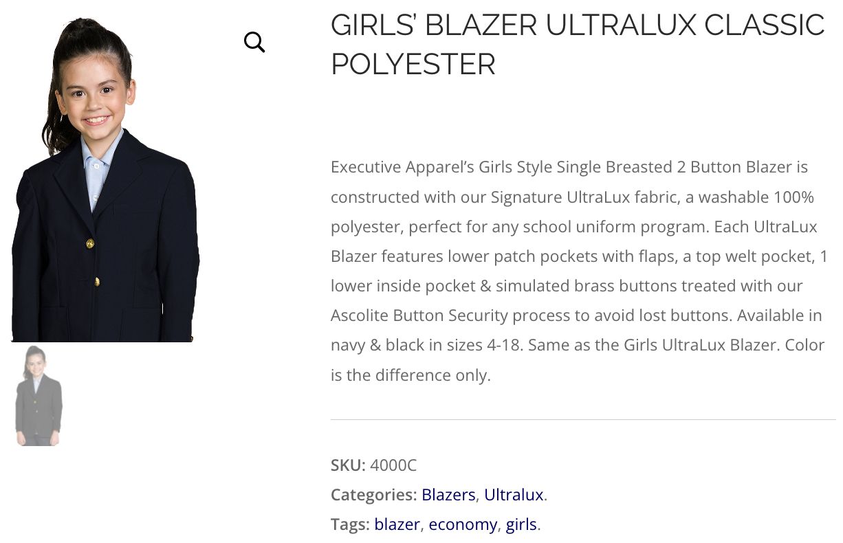Photo of a girl’s blazer with professional product copy.