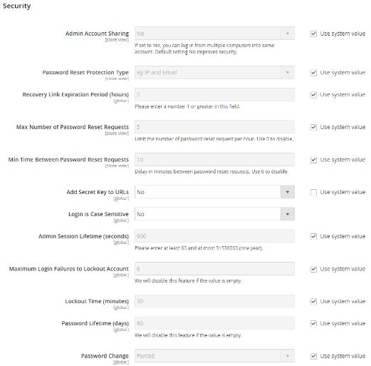 Setting the Admin Account Sharing field with a No value helps stop anyone from using the same account to log in to the admin panel.