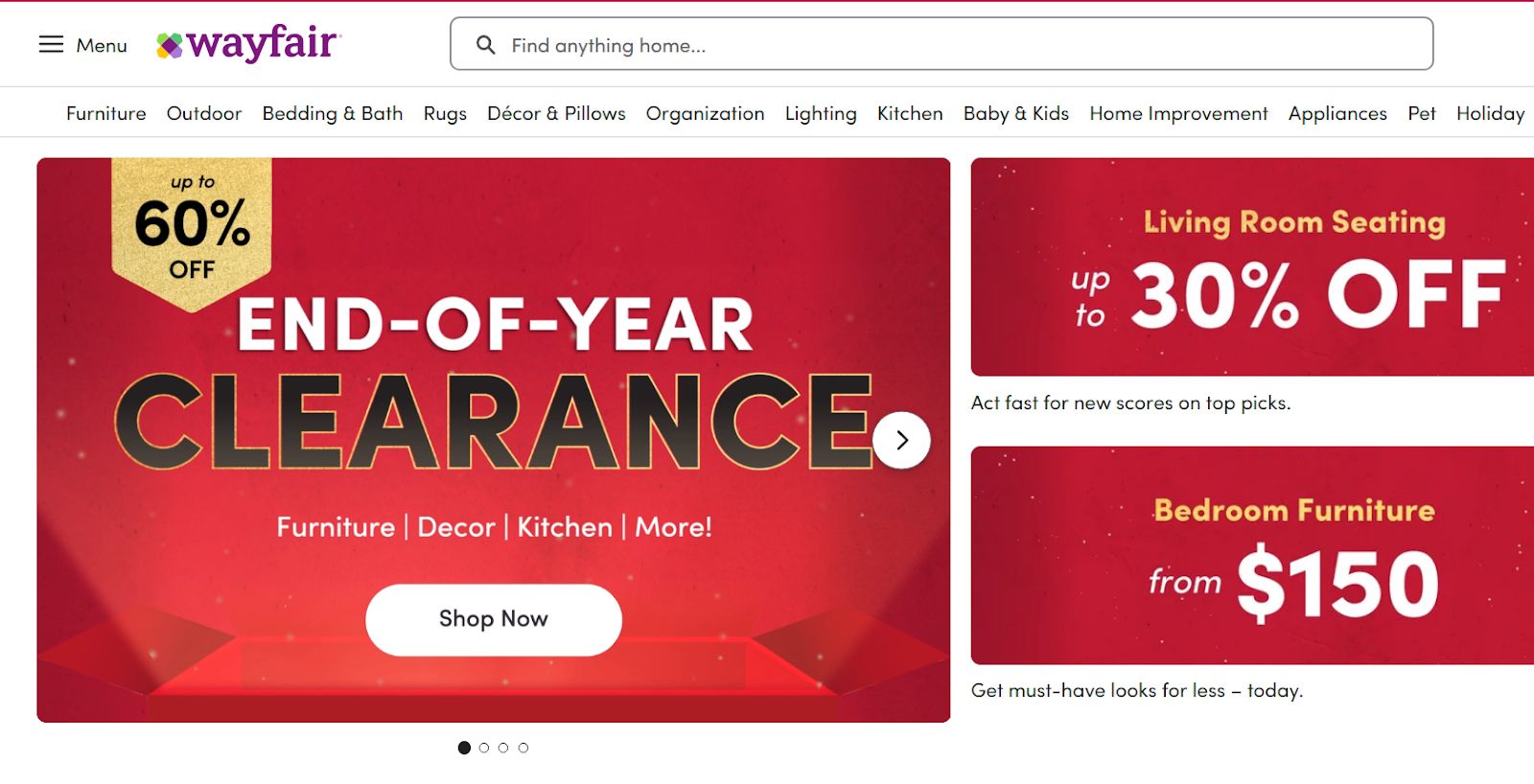 Screenshot of Wayfair’s prominent end-of-year clearance sales