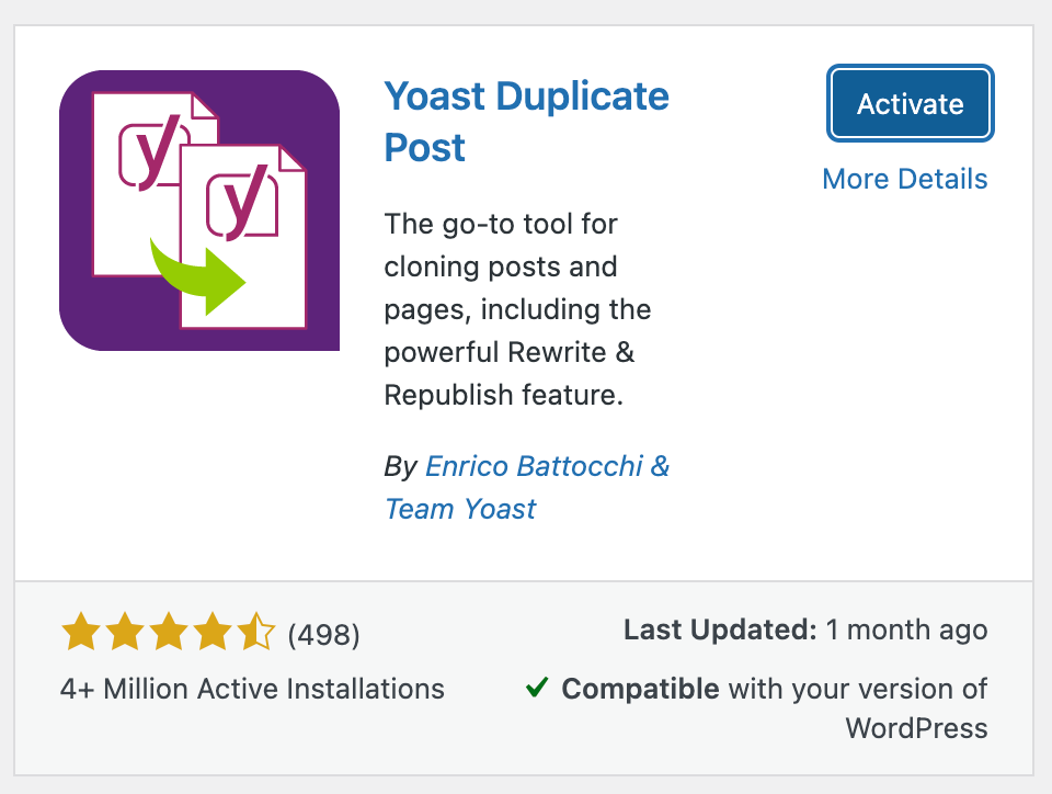 The activation button for Yoast Duplicate Post.