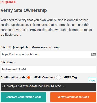 Enter the Site URL and Site Name. Then click the green Generate Confirmation Code button.