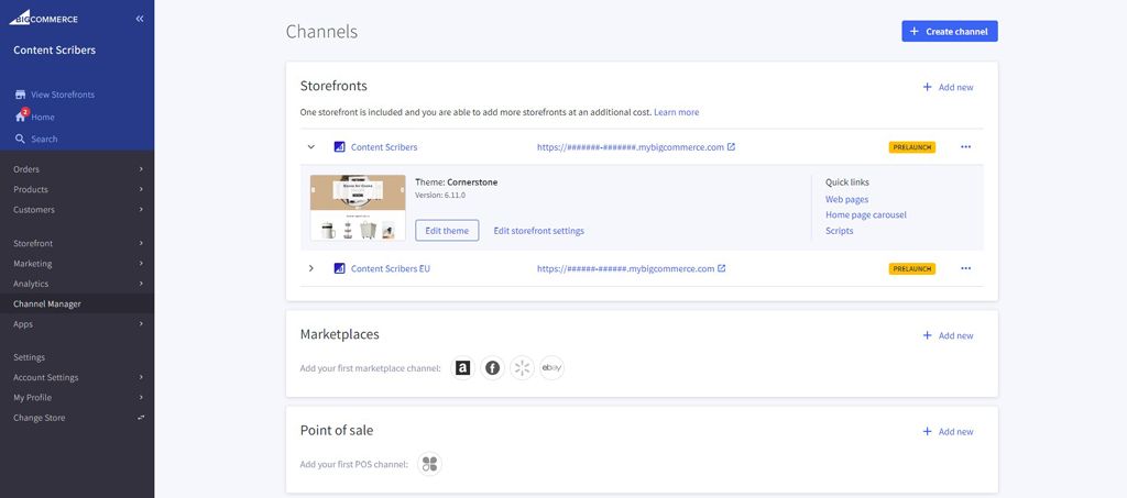 Screenshot of BigCommerce's admin panel showing multiple storefronts on the 'Channels' page.