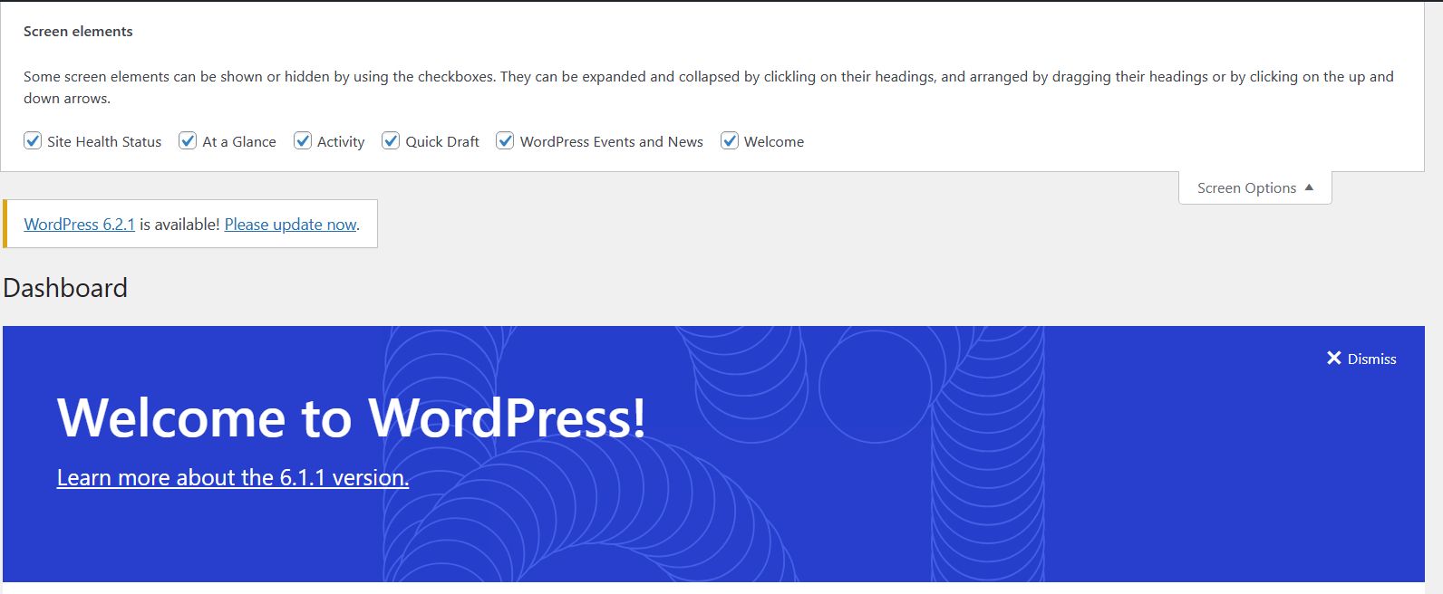 WordPress screen options: Disable dashboard widgets. 