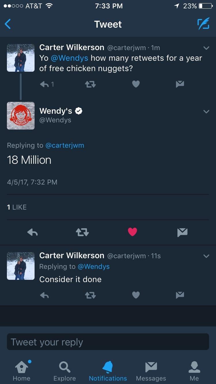 Tweets from Wendy's which became a viral marketing campaign