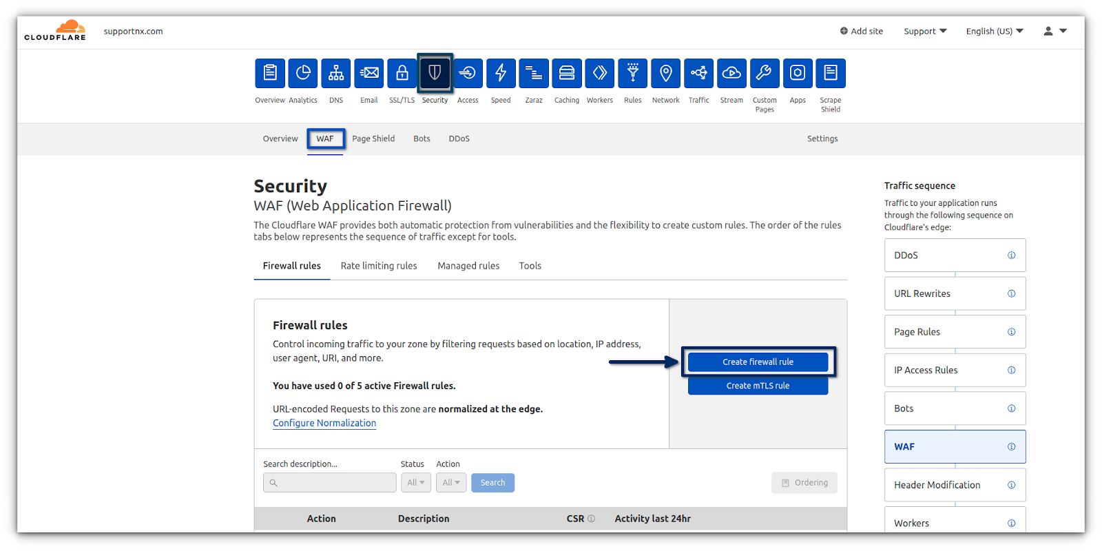 To create Firewall rules, go to the Security tab > WAF > Firewall rules > Click on “Create Firewall rule” > Here you can start adding new rules.