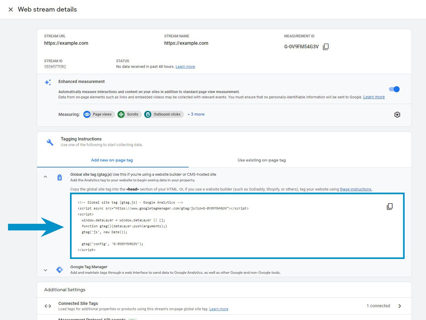 Copy Google Analytics 4 global site tag code for selected data stream.