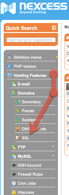 On the main menu, click Hosting Features > Domains > SSL.