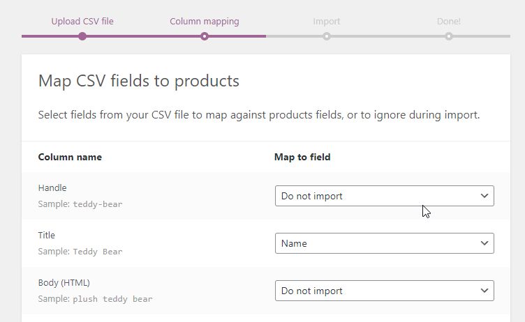 Map CSV fields to products.