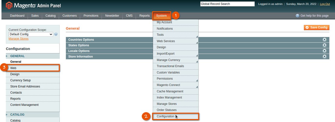 To configure your Magento 1 base URLs, navigate to System > Configuration > General > Web.