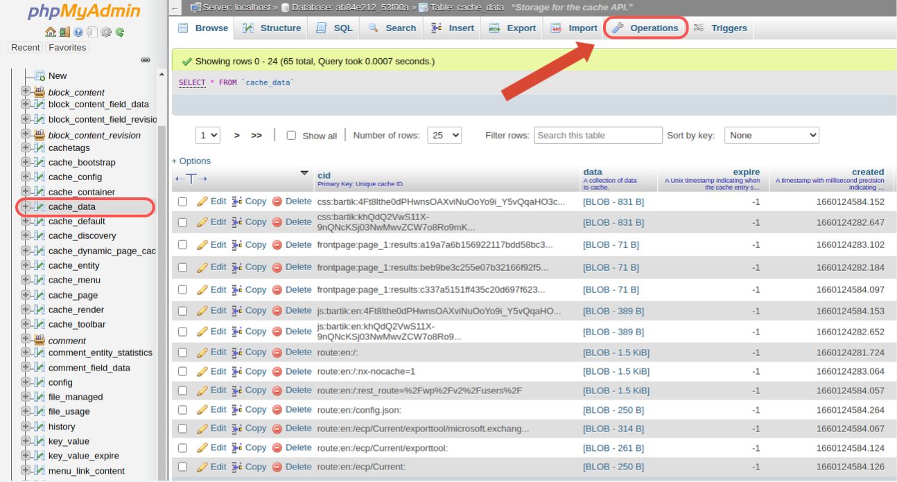 Choose the MariaDB/MySQL database table to truncate by clicking on its name in the list on the left side of the page. Click on Operations from the main phpMyAdmin menu at the top of the window.