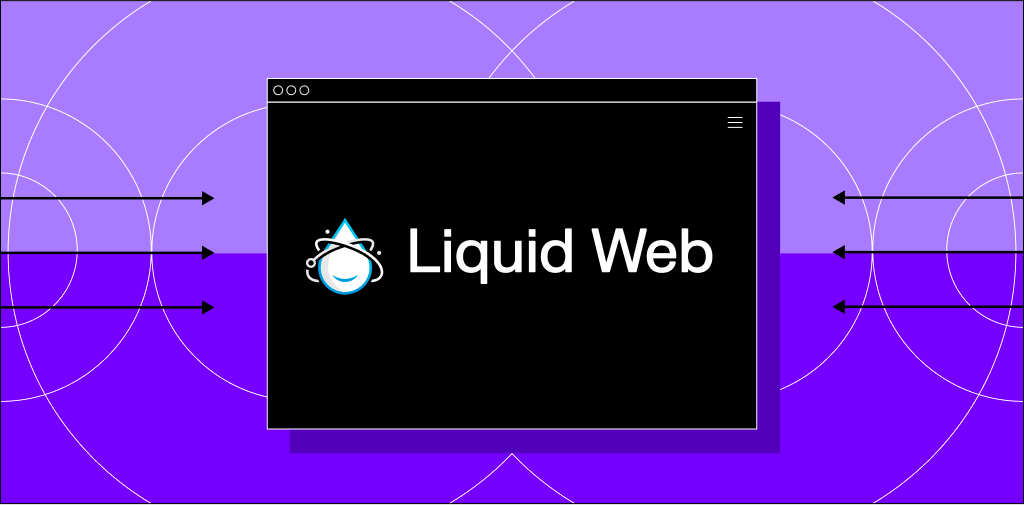 Illustrated web browsing window with Liquid Web logo and text on it