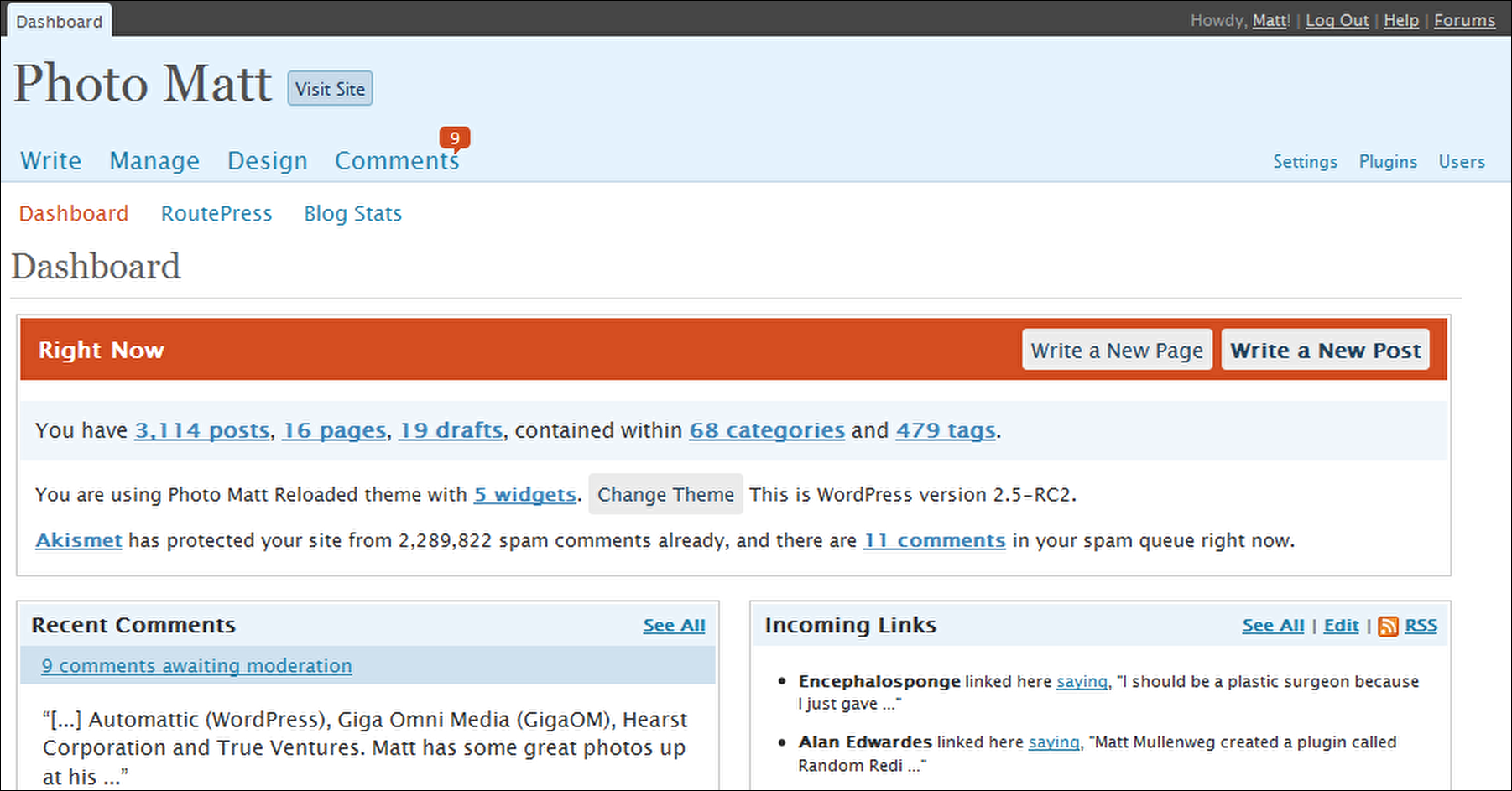 The history of WordPress: Screenshot of WordPress 2.5 dashboard.