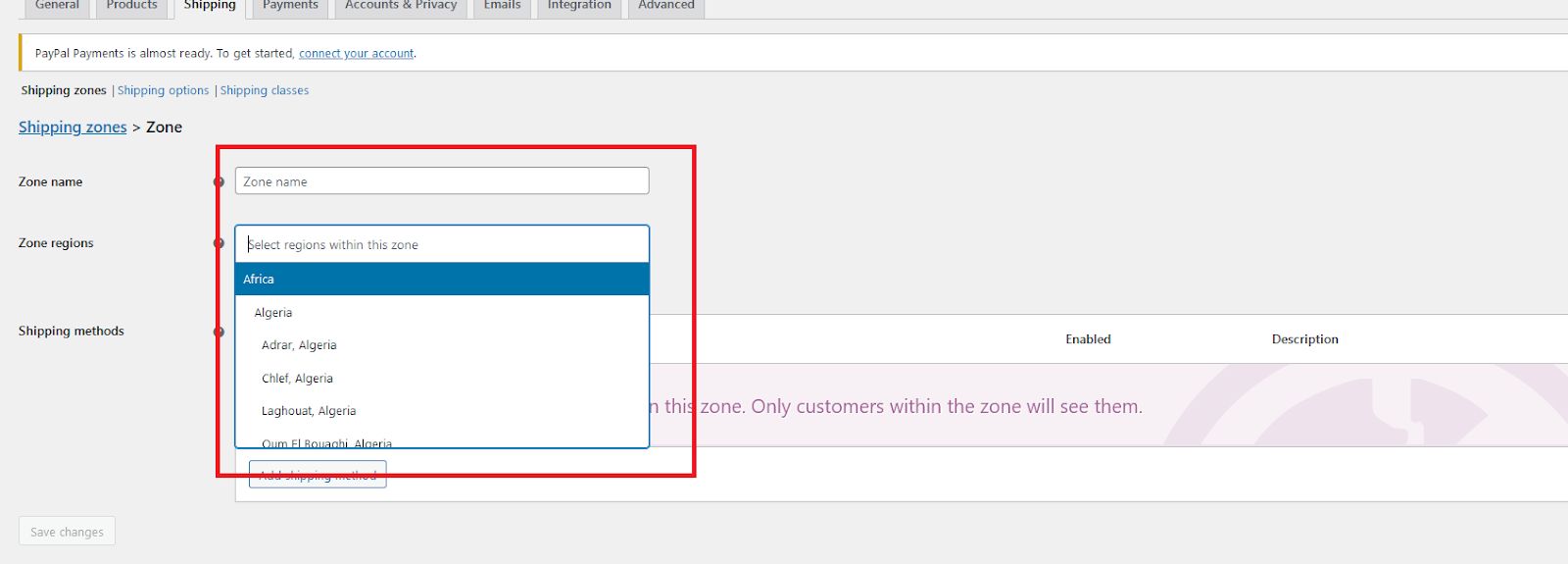 WooCommerce shipping method dropdown.