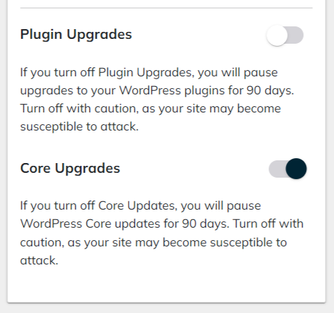 Click the Plugin Updates slider element in the user interface to toggle the feature on or off.