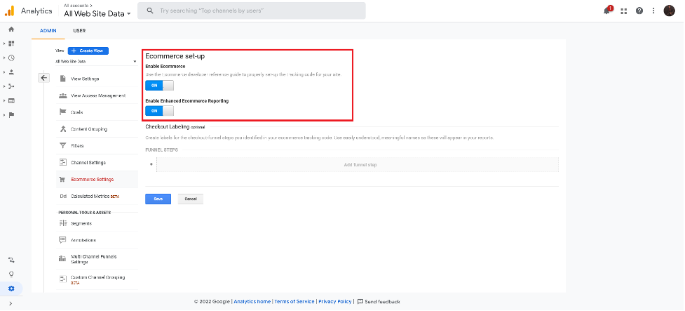 Completing the ecommerce setup in Google Analytics.