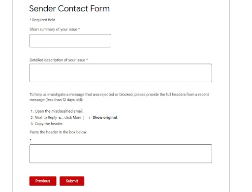 Sender contact form for IP blacklist removal on Gmail