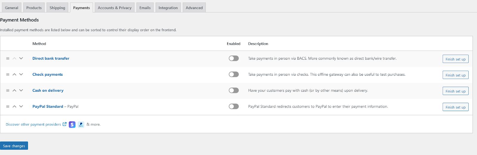 Set up at least one payment option in the WordPress dashboard for WooCommerce
