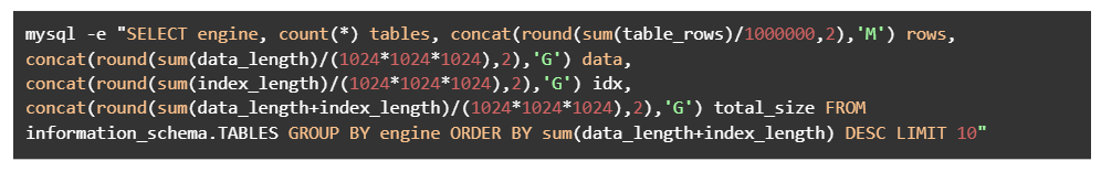 You can run this command to list memory usage by storage engine to get the size of your tables.