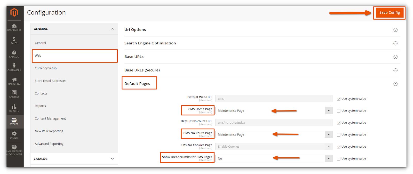 Under CMS Home Page and CMS No Route Page, enter the name of the custom maintenance page you’ve just created. For the Show Breadcrumbs for CMS Pages option, select No. Click the orange icon marked Save Config.