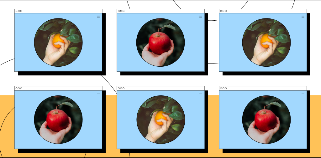 Hands holding apples and oranges in illustrated web browsers