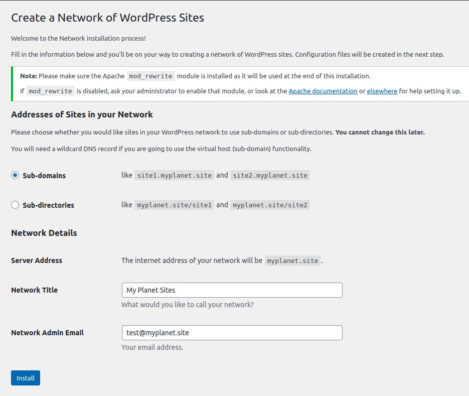 The Create a Network of WordPress Sites screen will appear.