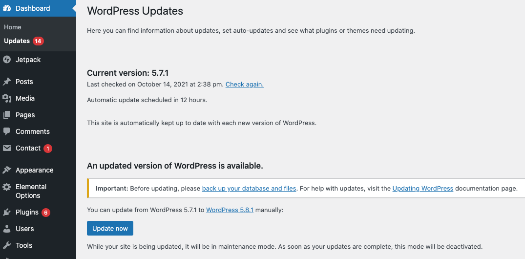 Update now button in WordPress