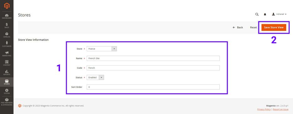 Screenshot of the Magento admin showing steps to create a store view for a Magento multi-store as explained on this page.