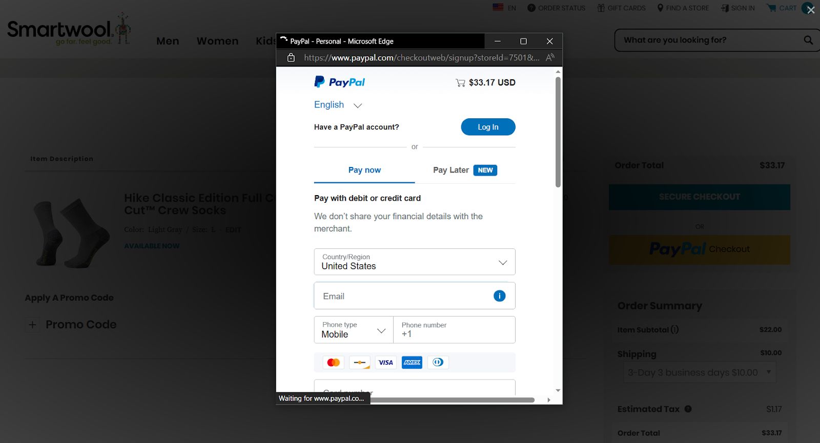 Paypal Checkout button opens a PayPal window.  