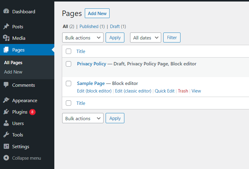 Pages in the WordPress admin dashboard