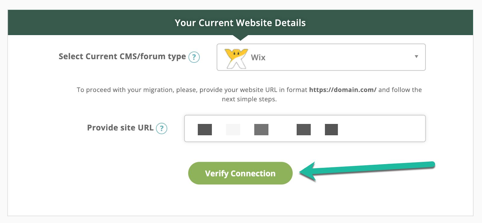 Fill out the form with your free Wix URL and click on the green Verify Connection button.