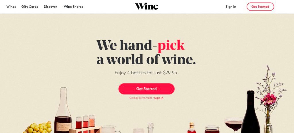 Winc uses big headers on their international ecommerce store