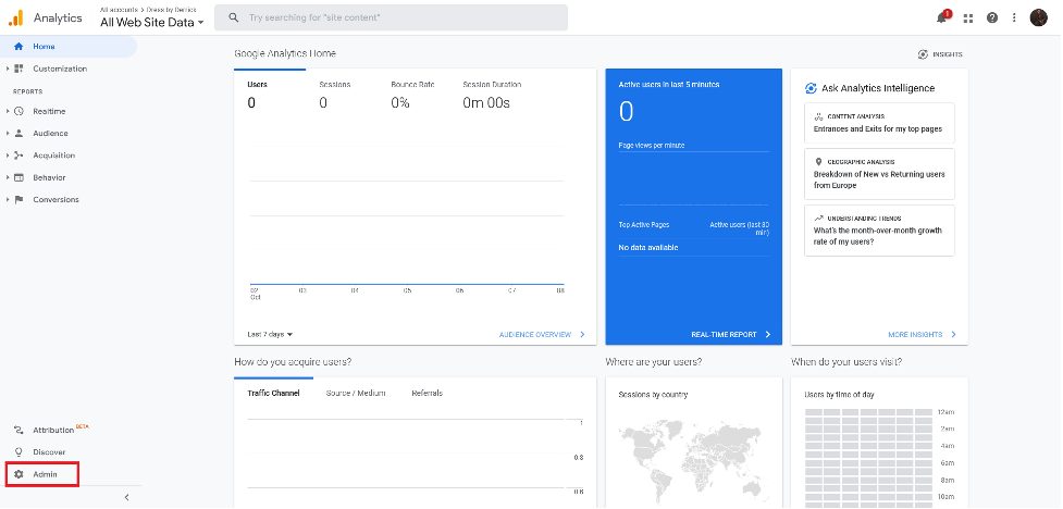 Google Analytics admin dashboard.