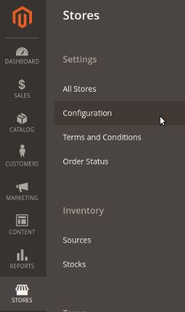 From your Magento Admin Panel, click Stores > Settings > Configuration.