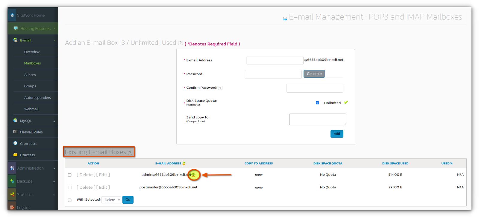 Look at the Existing Email Boxes section. As you’ll see, a palm tree icon is displayed next to the email address with autoreply vacation email messages enabled.