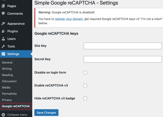 The plugin will prompt you to provide your Google reCAPTCHA keys, which are obtained in the next step.