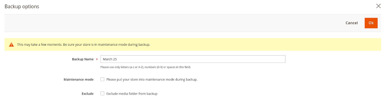 click Ok and a Magento backup will start running