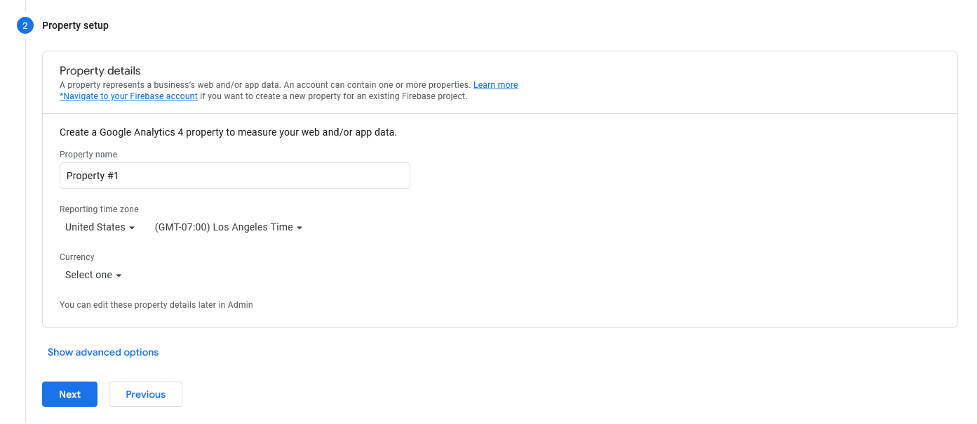 Creating a new property in Google Analytics.
