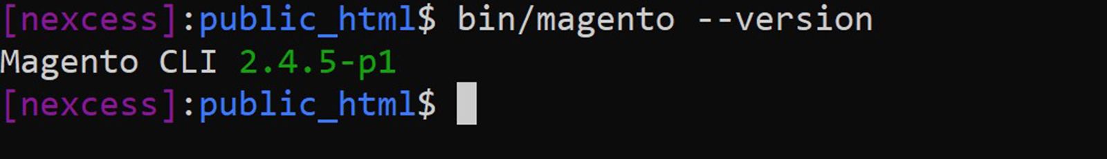 Screenshot of the CLI showing the output of the Magento version check command.