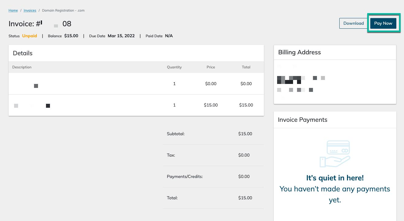 From within the invoice you are viewing, click on Pay Now in the upper right hand corner of your invoice.