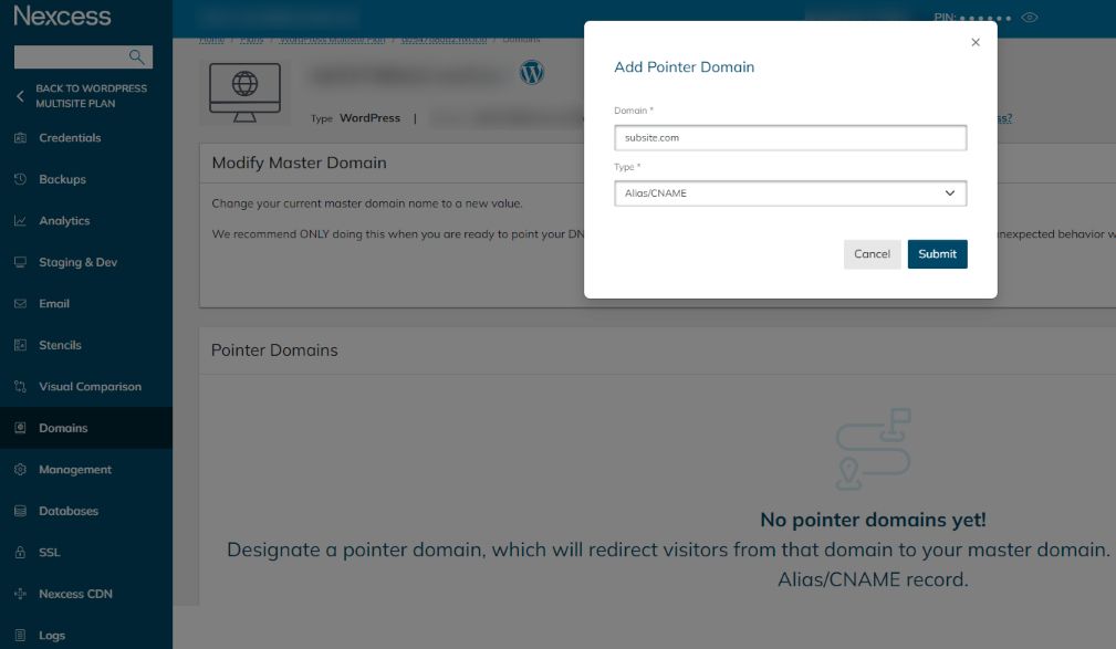 Adding a pointer domain from the Nexcess customer portal.