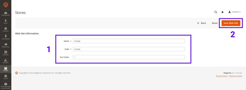 Screenshot of the Magento admin showing the steps to create a website for Magento multi-store as explained on this page.