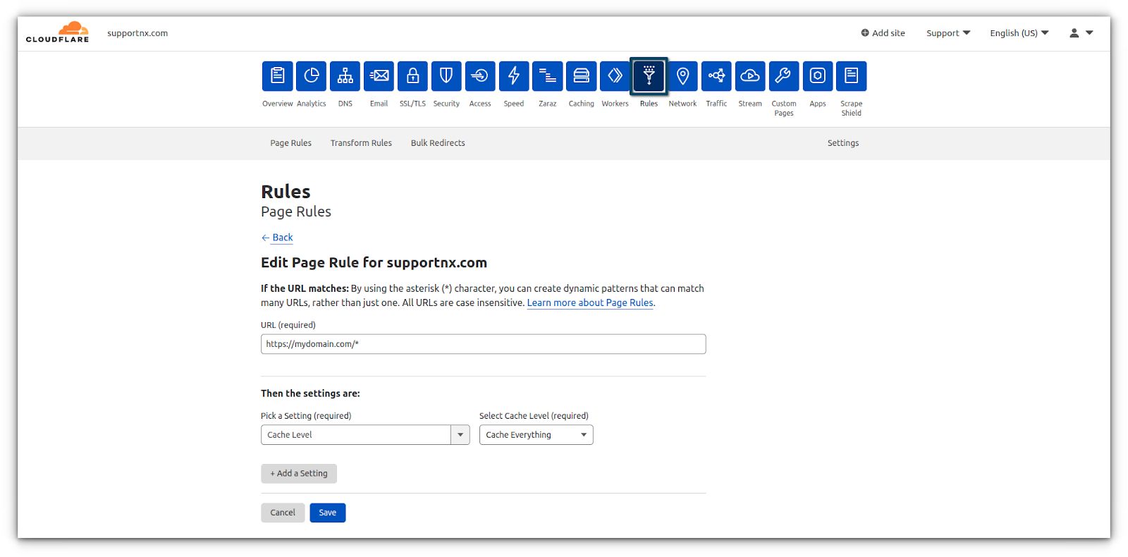 To enable Cloudflare full page caching (Cache everything) on your WordPress site, Go to Rules > Page Rules > Click on Create Page Rule and add a page rule like the one shown. 