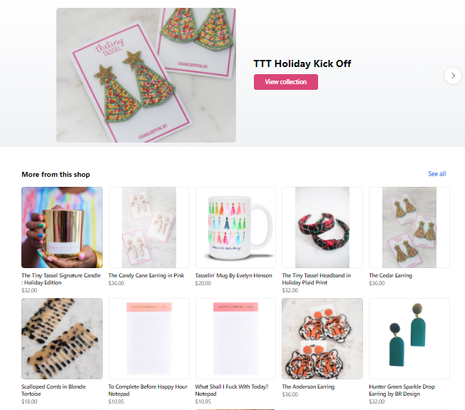 An ecommerce store page with several products like holiday cups and decor laid out in rows.