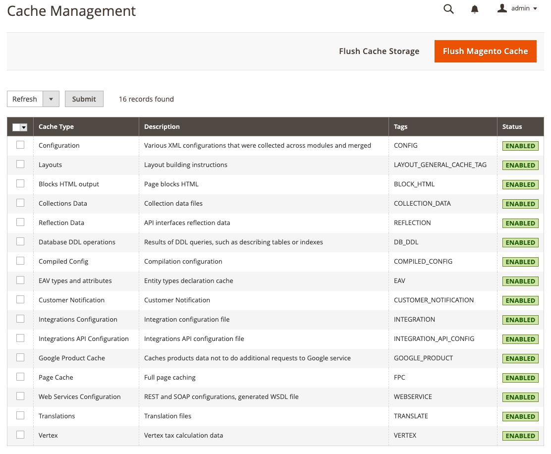 To turn on Magento cache management, you can use this screen.