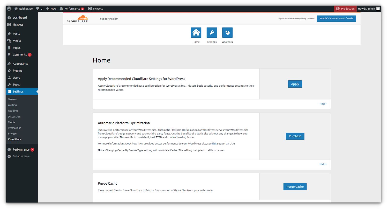 Once the email address and API key are successfully entered, you will be able to see the Cloudflare settings on your WordPress dashboard.