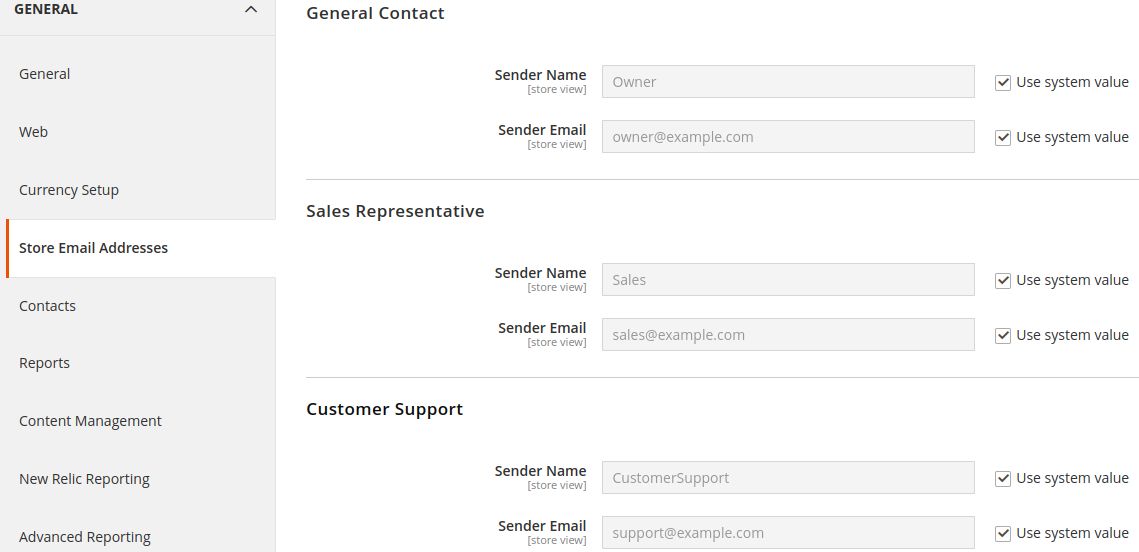 Add Sender Name and Sender Email values for General Contact, Sales Representative, and Customer Support per your requirement.