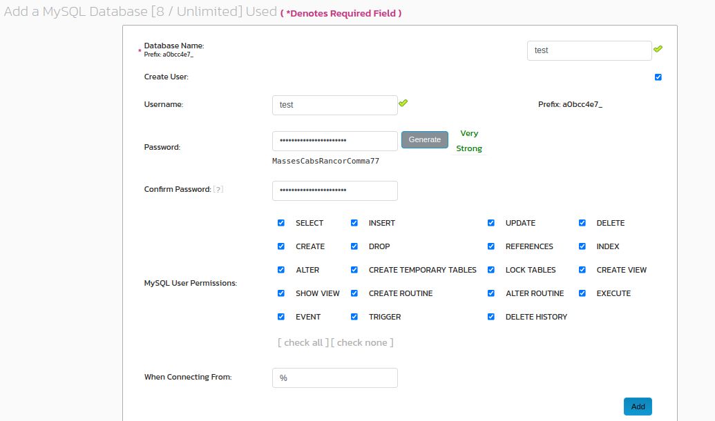 To create a MySQL database for the secondary domain, follow the menu options of Hosting Features > MySQL > Databases in the portal. On the Add a MySQL Database screen, enter the database name. Then, select Create User and enter the Username. After all details have been entered and double-checked, click the Add button.