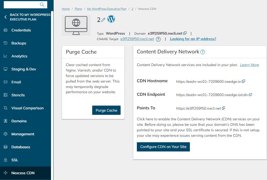 The Nexcess CDN section lists the CDN Endpoint and the domain to which it is pointed. You will also be able to clear the cache from this page.